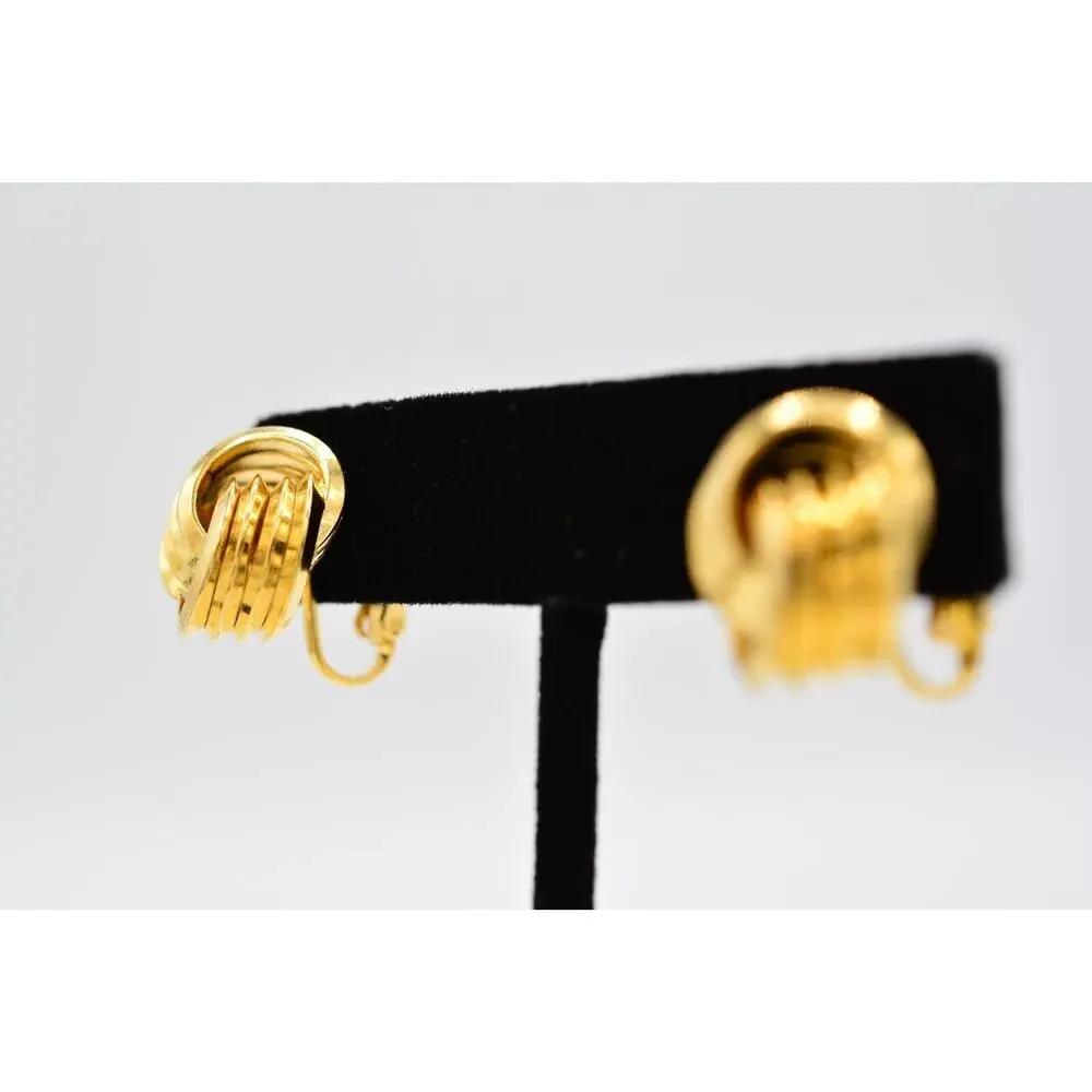 Vintage Clip On Earrings Knot Tie Stud Gold Huggie Round Metallic 1980s BinAA